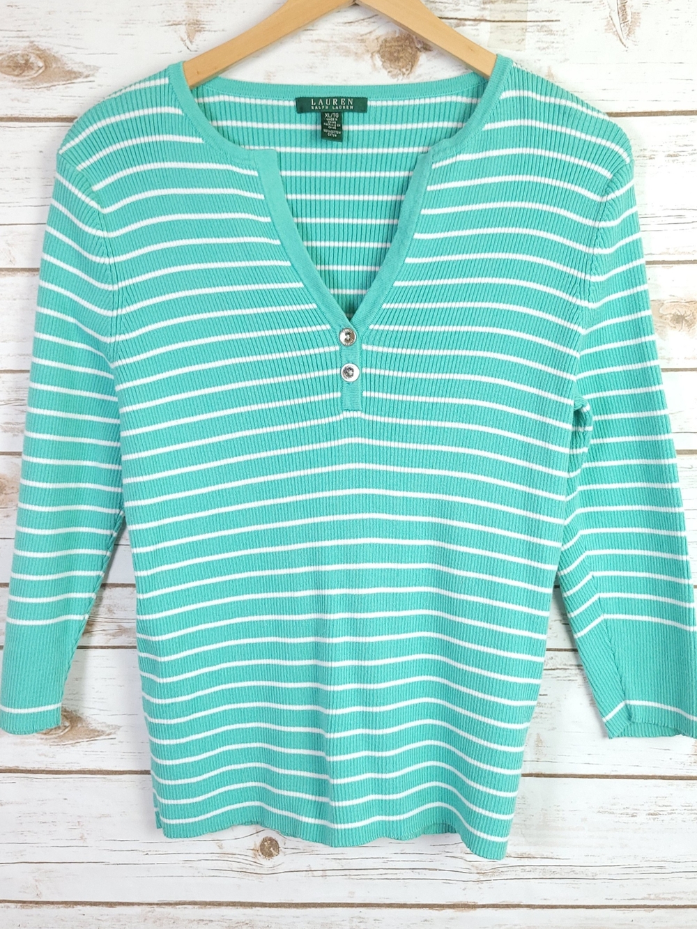 Ralph Lauren Mint Green and White Striped V-Neck Henley Top Xlarge